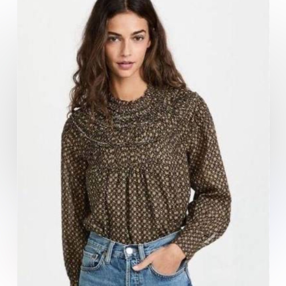 Rebecca Taylor x Anthropologie Fleur Brown Smocked Silk Blend Blouse 0,2,4,6, 14